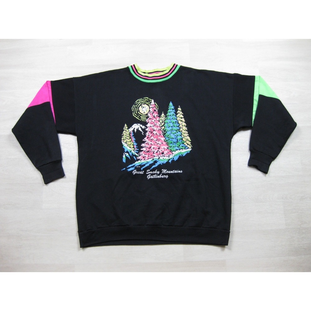 Vintage 80s‎ Great Smoky Mountains Crewneck Sweatshirt  (XL) Gatlinburg TN Neon
